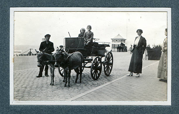 Edwardian Holiday Children and Donkey Carriage - Vintage Photograph "Vintage photograph of an Edwardian family having fun at the seaside, two children sit in a donkey carriage. Knokke" carriage photos stock pictures, royalty-free photos & images