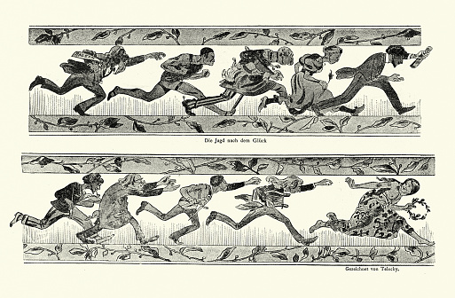 Vintage illustration, The Hunt for Happiness, People chasing the Goddess of Victory, Success, Jugendstil, Art Nouveau., German 1890s