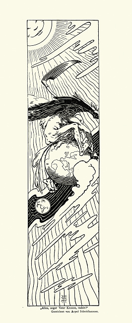 Vintage illustration of The Titan Cronus, or Kronos, Riding the Earth, Mythology, Jugendstil, Art Nouveau, German 1890s, Karl Bauer