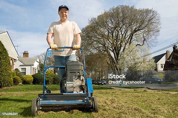 Dethatching Prato Con Angolo Di Spoglia Di - Fotografie stock e altre immagini di Giardino domestico - Giardino domestico, Prato rasato, Adulto