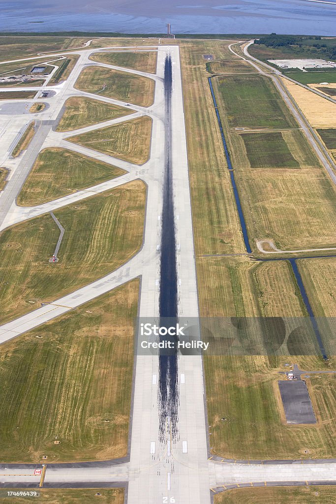 Aerial view of runway Overhead of Runway 26R at Vancouver International Airport. Aerial View Stock Photo