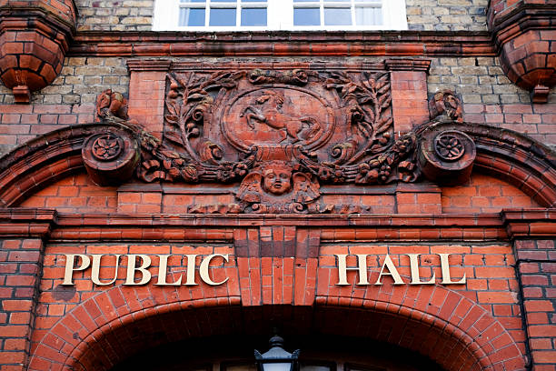 istock Public Hall sign on an ornate building with sculptures. 174696633