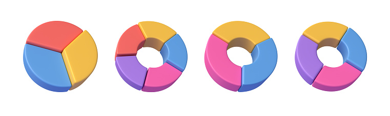 3d set of pie charts. data analysis. Data visualization. 3d rendering