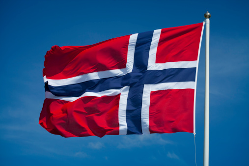 The flag of Norway waving in the wind.