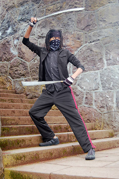ninja defiende la escalera - 20s standing one man only sword fotografías e imágenes de stock