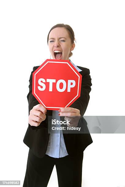 Screaming Business Woman And Red Stop Sign Stock Photo - Download Image Now - Holding, One Woman Only, Stop Sign