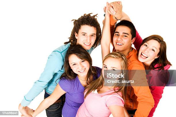 Diverse Group Of Teenagers Five People Playing Action Isolated Smiling Stock Photo - Download Image Now