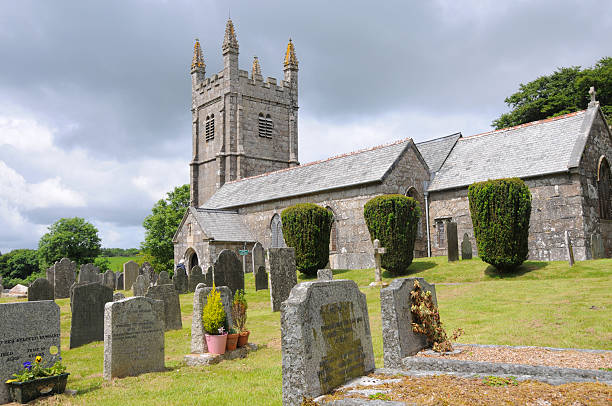 Gloomy weather and graveyards with tombstones and church (Norman style). Names removed.