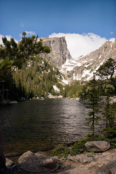 Dream Lake, RMNP "Dream Lake reflects snow and clouds. Rocky Mountain National Park, Colorado. Tyndall Glacier." colorado rocky mountain national park lake mountain stock pictures, royalty-free photos & images