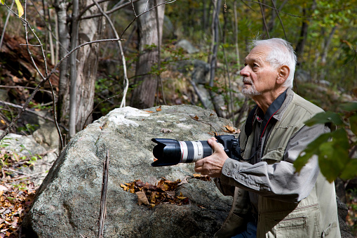 Retired senior man in forest with camera enjoying nature photography.
