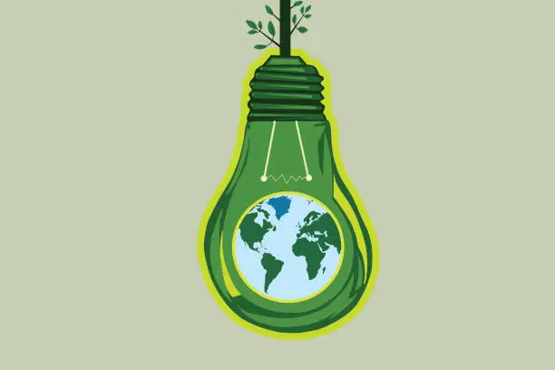 Vector illustration of Green energy concept. Light bulb, leaves and planet Earth