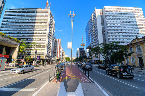 Sao Paulo, SP, Brazil - June 07, 2023: photo taken in the middle of Paulista avenue, on the bike lane.