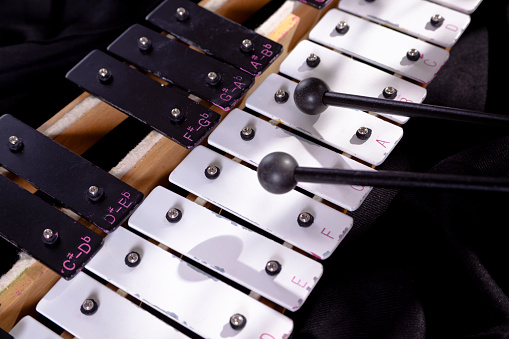 Xylophone of black and white keys and wooden mallets.