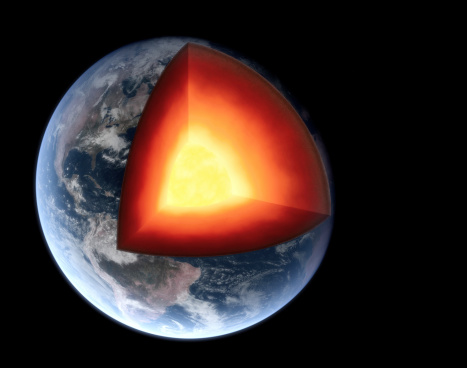 Royalty free 3d rendering of a photorealistic earth with a slice cut out. Realistic illustration with visible core.