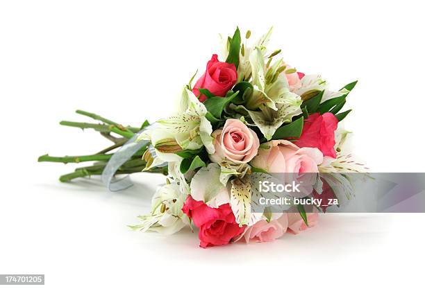 Multi Flower Bouquet Tied With White Ribbon Lying On Side Stock Photo - Download Image Now