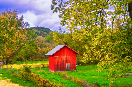 A red garden shed rests in a grassy field in central Vermont on a mid October afternoon.