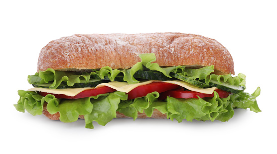 Assorted delicious baguette sandwiches. Various kinds of club sandwiches on a white background. Top view.