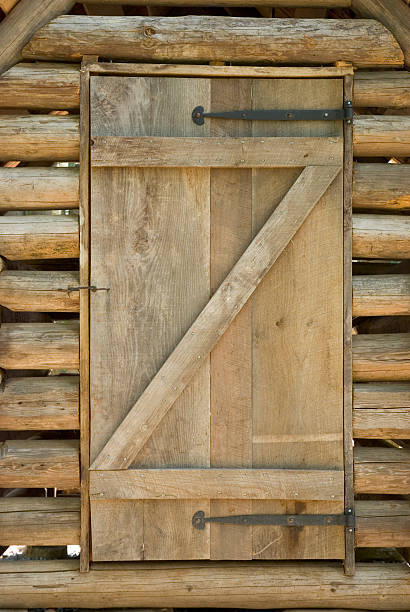 Wooden Door On A Log Cabin Shed stock photo