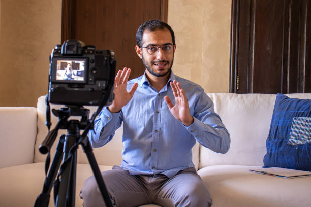 istock Young arabic man conducting a seminar from home 1747016444