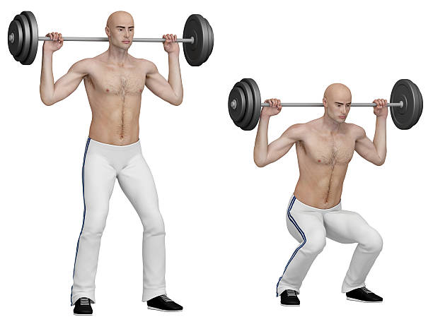 серия упражнений: штанга, приседания - crouching exercising anatomy human muscle стоковые фото и изображения