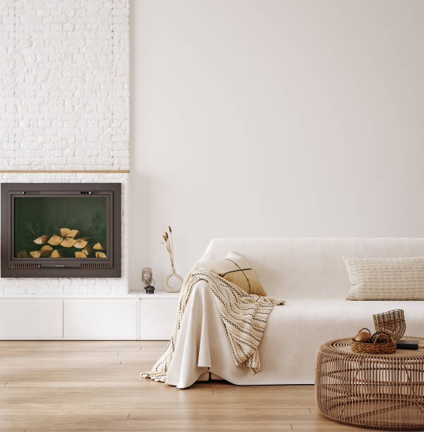 istock Wall mockup in modern home interior with fireplace 1747024376