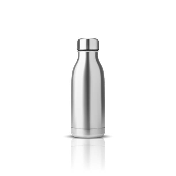 istock Vector Realistic 3d Steel, Silver or Chrome Blank Glossy Metal Reusable Water Bottle with Silver Bung Closeup Isolated on White Background. Design template of Packaging Mockup. Front View 1747028815