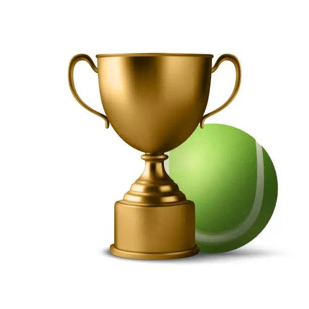 Vector illustration of Vector 3d Realistic Blank Golden Champion Cup Icon with Tennis Ball Set Closeup on Green Background. Design Template of Championship Trophy. Sport Tournament Award, Gold Winner Cup and Victory Concept