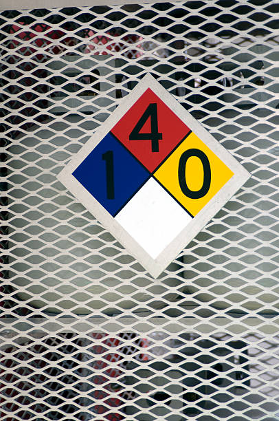 NFPA Sign NFPA diamond sign on propane storage unit. Sign indicates contents causes irritation (blue #1), readily burns at normal temperatures (red #4), is stable (yellow #0), and there's no special hazard (white diamond). flammable cabinet stock pictures, royalty-free photos & images