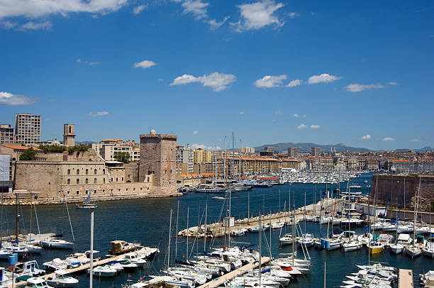 A view of the port of Marseille in France with boats stock photo