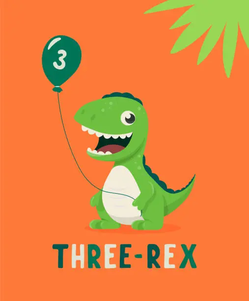 Vector illustration of Dinosaur Tirannosaur Three Rex. Cartoon Tirex. Happy Birthday Card for a Child for Three Years. Vector Cute and Funny Cartoon Hand Drawn Dinosaur Holding Balloon. Kids, Children s Illustration, Print