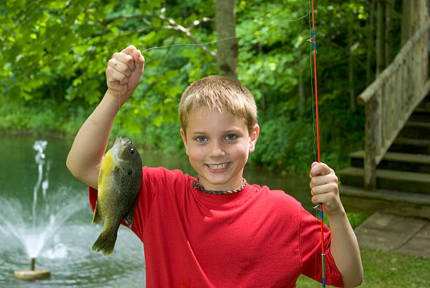 istock Smiling Fishing Boy Holding Up A Big Fish (Bluegill) 174705356