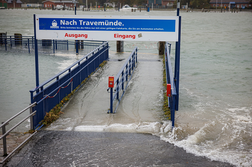 due to a heavy storm tide parts of the harbor of Travemuende are under water