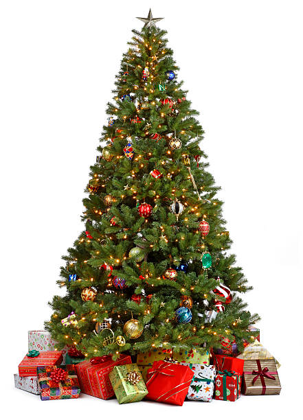 Christmas tree surrounded by presents on white background Christmas Tree decorated on white background. Presents underneath the tree. cone shape photos stock pictures, royalty-free photos & images