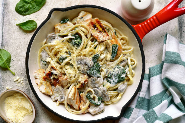 Spaghetti pasta with chicken, spinach and mushrooms. Top view with copy space.