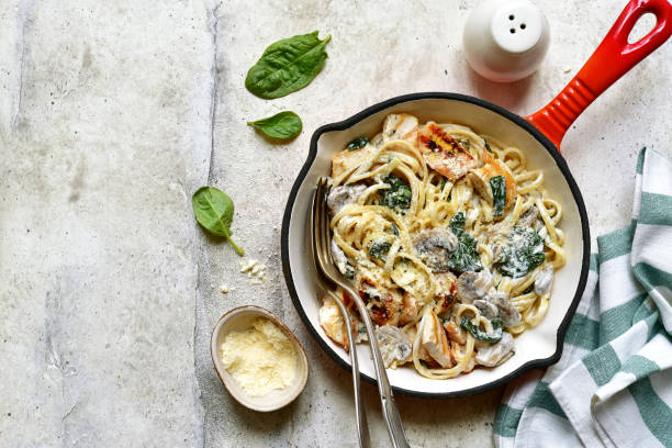 istock Spaghetti pasta with chicken, spinach and mushrooms. Top view with copy space. 1747066190