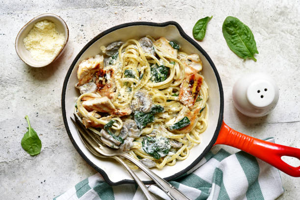 istock Spaghetti pasta with chicken, spinach and mushrooms. Top view with copy space. 1747066193