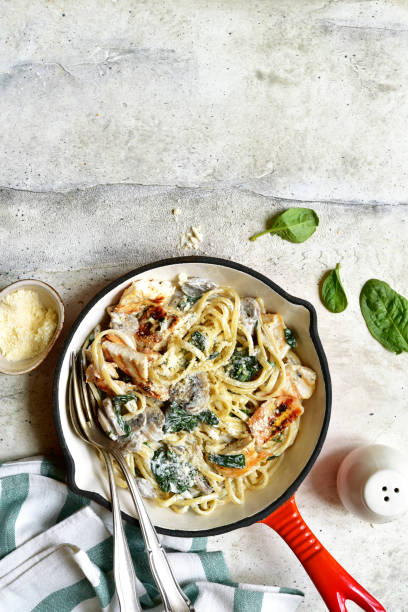 istock Spaghetti pasta with chicken, spinach and mushrooms. Top view with copy space. 1747067300