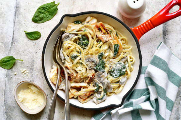 istock Spaghetti pasta with chicken, spinach and mushrooms. Top view with copy space. 1747067303