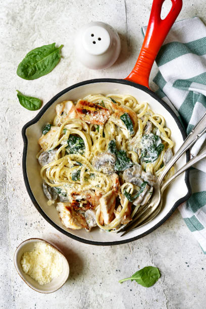 istock Spaghetti pasta with chicken, spinach and mushrooms. Top view with copy space. 1747067316