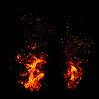 Pure flame and bright fire sparks isolated on black background. Set of two images