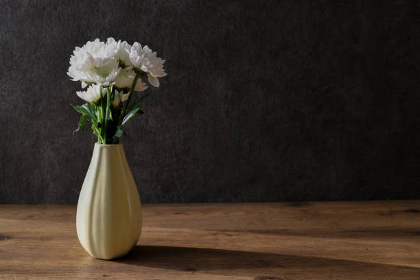istock White chrysanthemum in a vase isolated on a gray wall background. 1747096518