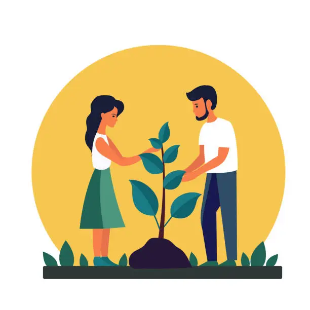 Vector illustration of Man And Woman Planting Sprout