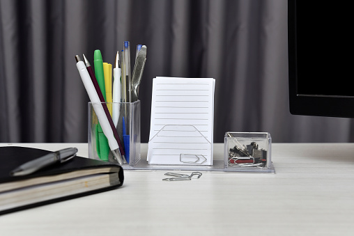 office table with computer pen pencil notepad, study and work place i,age