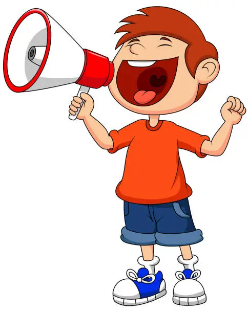 Vector illustration of Cartoon boy yelling and shouting into a megaphone