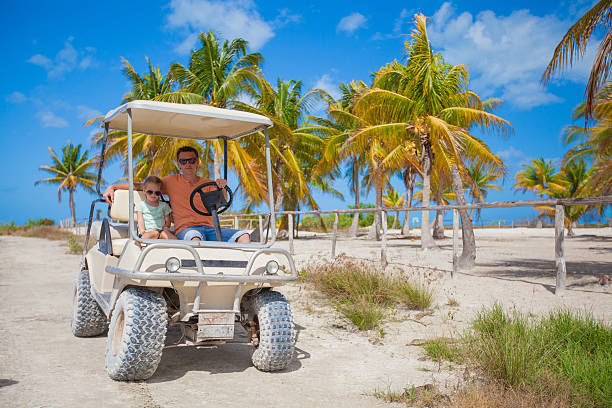 istock Dad with his two daughters driving golf cart in grove 174713597