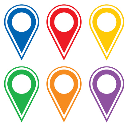 Vector illustration of six colorful gps markers on a white background.