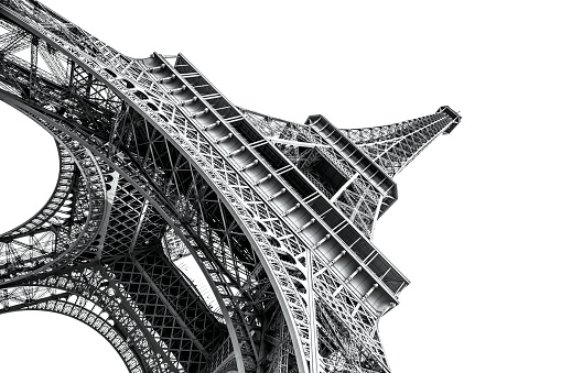 Black and white photograph of the Eiffel Tower in Paris, France.