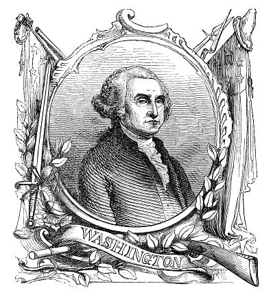 Portrait of George Washington (1732 - 1799), 1st President of the United States with a decorative frame of period objects. Vintage etching circa 19th century.