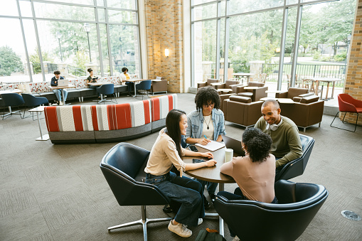 Wide shot of University students working in students center