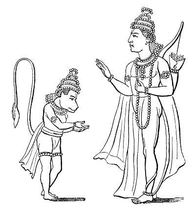 Portraits of the Hindu God Hanuman [left] and Hindu God Rama (7th avatar of Vishnu) [right]. Vintage etching circa 19th century.